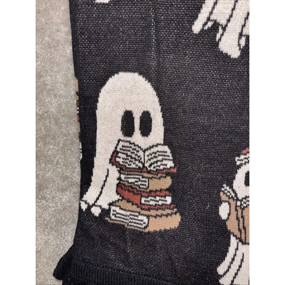Halloween Ghost Reading Books Throw Blanket Viral Black Ruffled Edge NEW